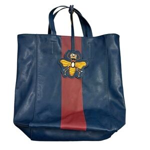 Saks Fifth Ave Tote Bag with Queen Bee Tag Navy Blue and Red Stripe Shopping Bag